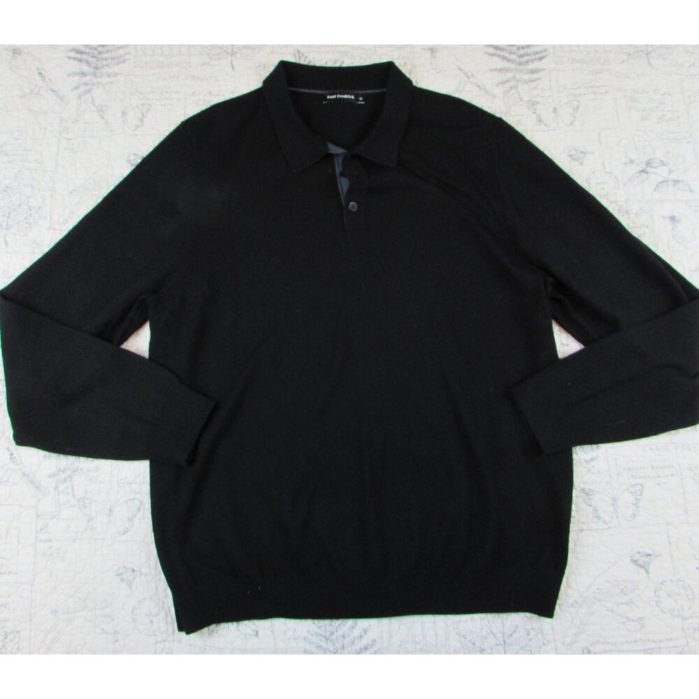 NEW Paul Frederick Polo Sweater Men's Black collared 100% Merino Wool 1/4 btn Xl